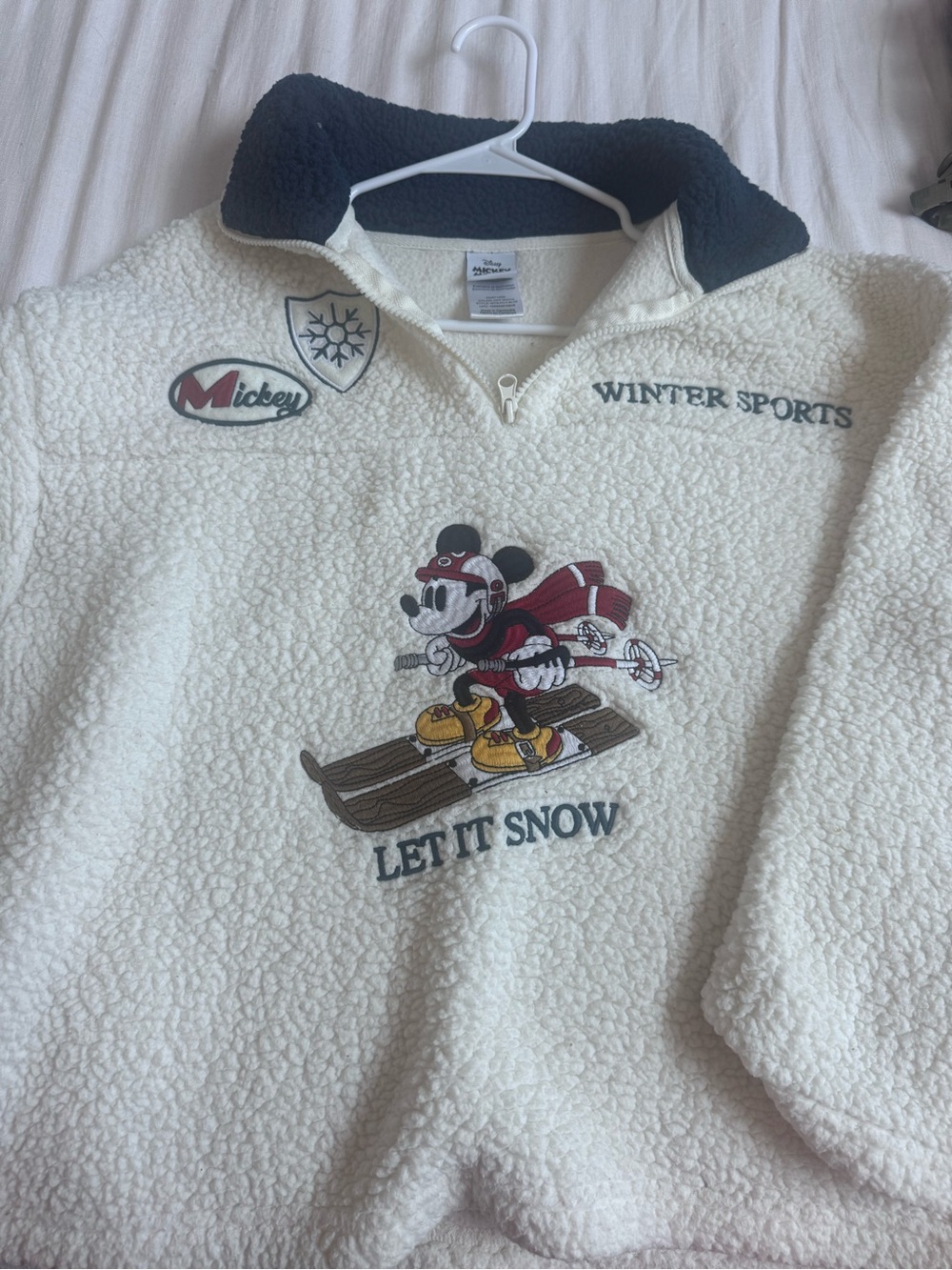 Disney Cream Sherpa Pullover with Navy Trim & Embroidered Mickey Ski Graphic